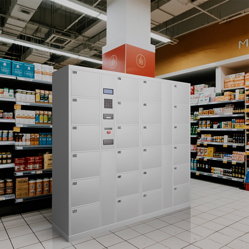 Supermarket storage lockers installed at store entrance